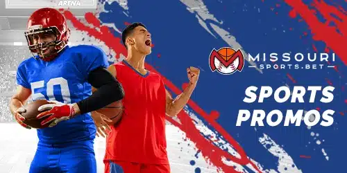 Missouri sportsbook promo banner with a basketball player fist pumping, and a football player shouting with a ball in hand